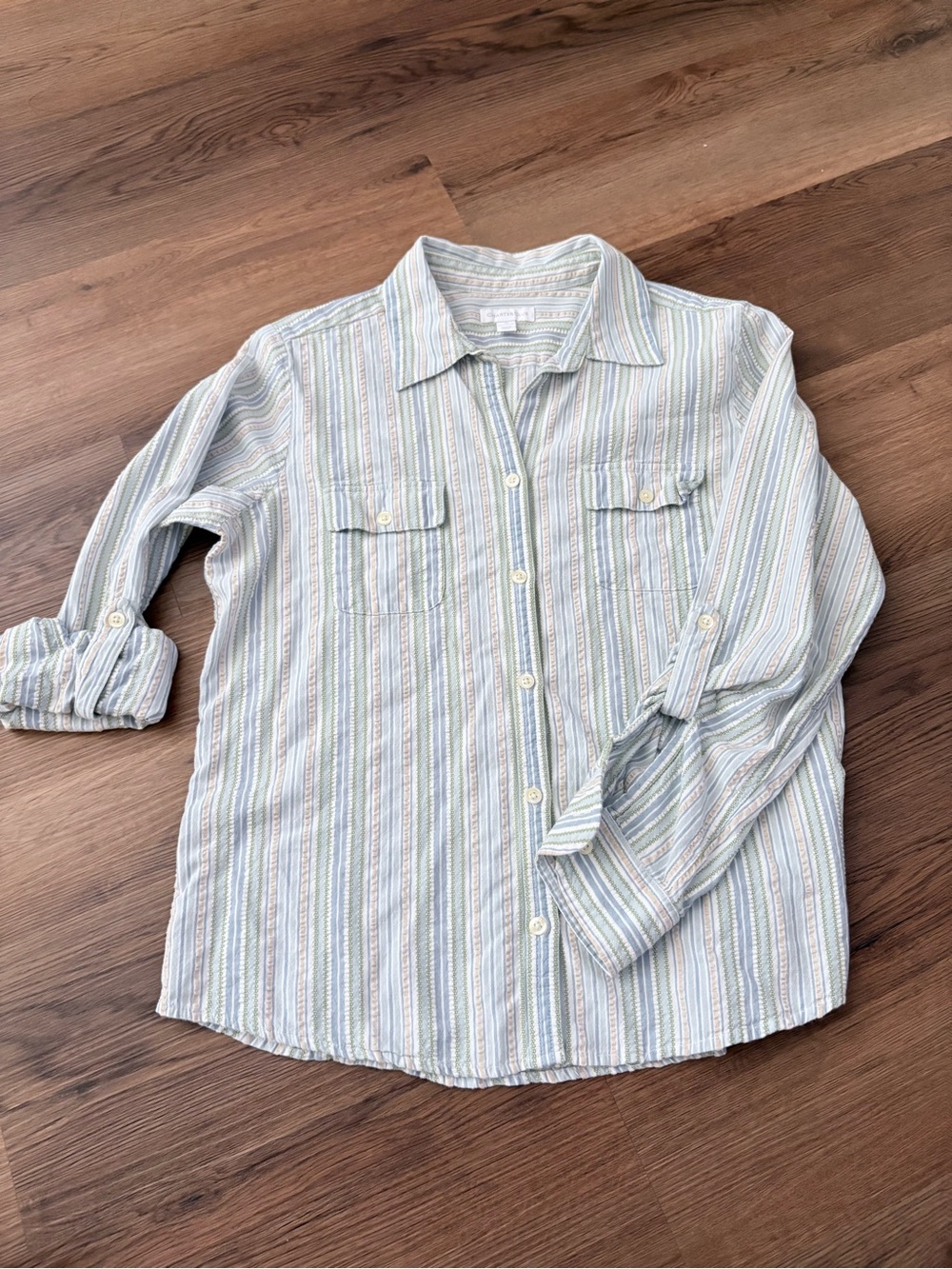 Charter Club Pale Blue & White Striped Casual Button-Down Shirt